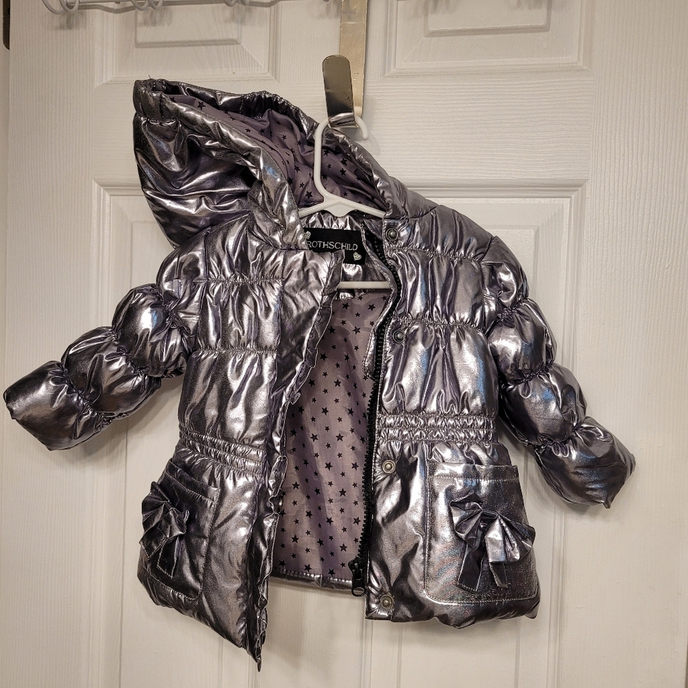 Rothschild Little Girls Hooded Metallic Silver Puffer Jacket With Pockets 12M - Picture 5 of 16